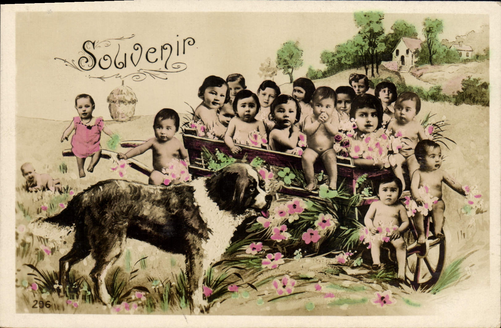Enfants dans un landau tiré par un chien — Souvenir — n°296
