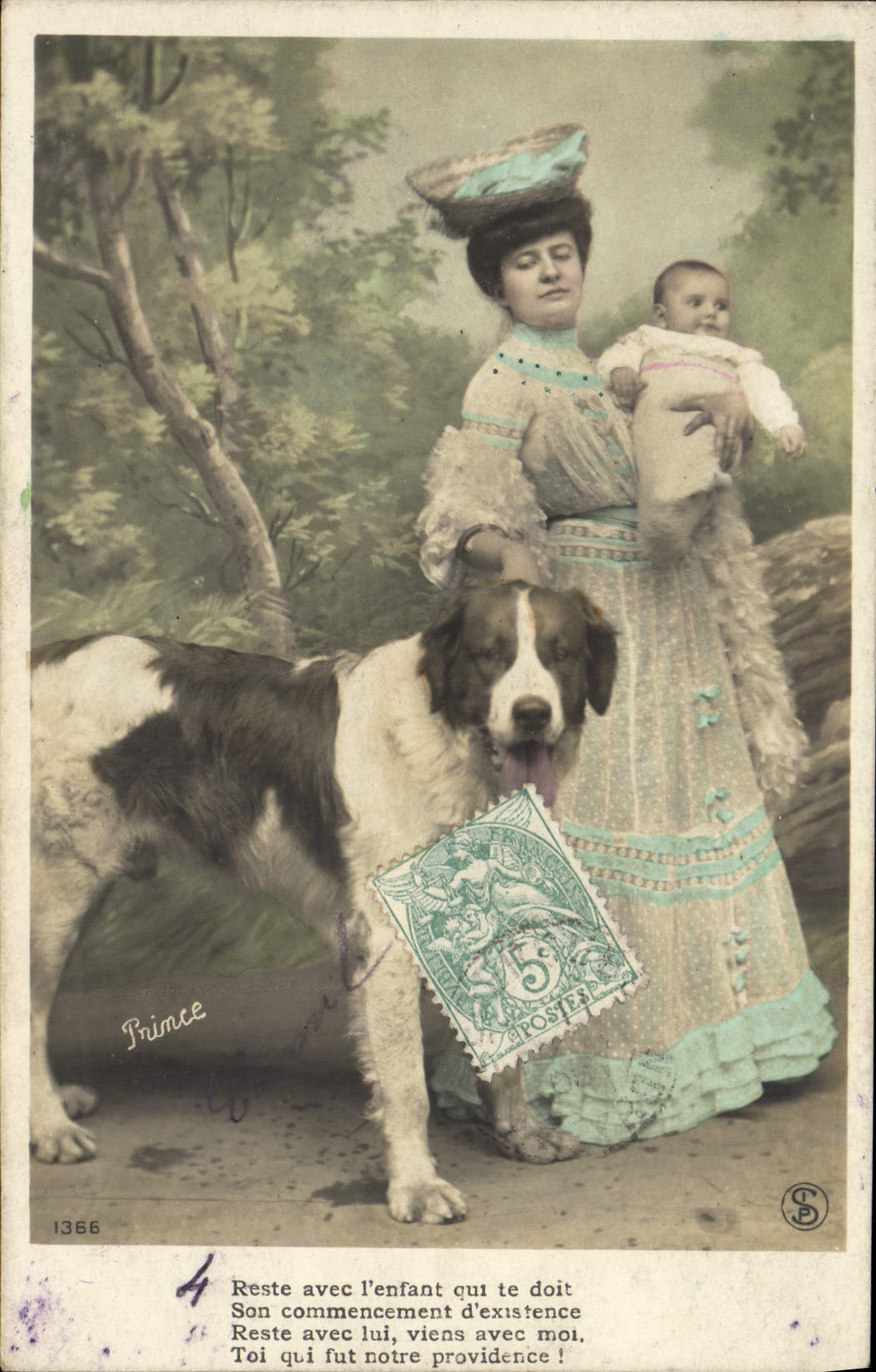 Femme avec enfant et chien — scène pastorale — éditeur S.P. n°1366