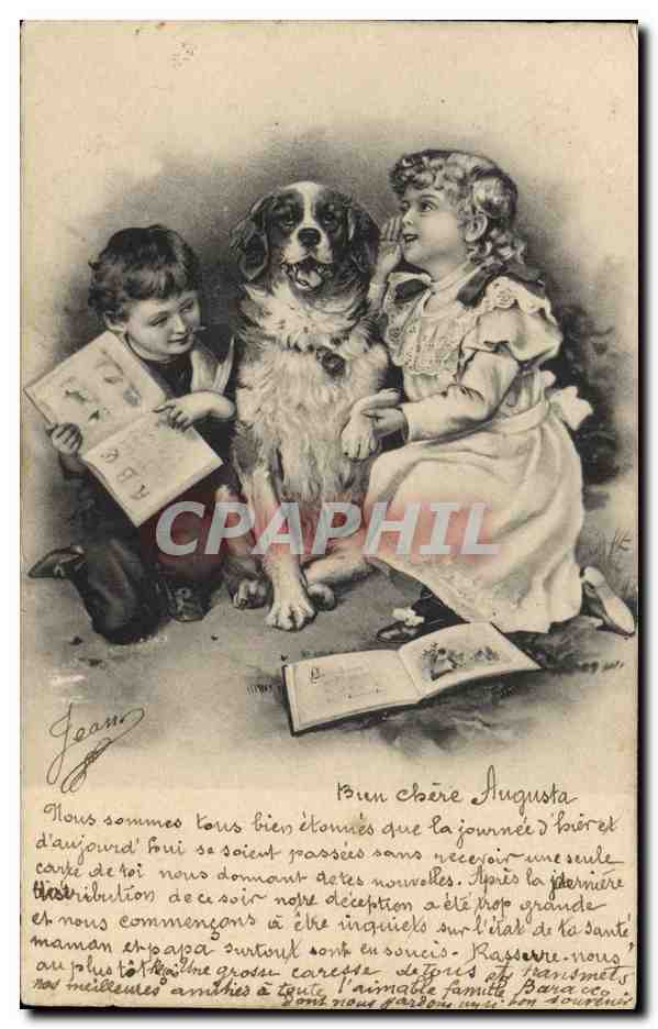 Deux enfants et un chien — scène d'apprentissage — éditeur non identifié, n°75