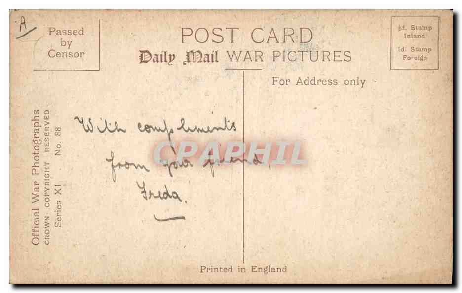 Le Roi au Front — Salutation des troupes — Daily Mail War Pictures, série XI, n°88 — Verso