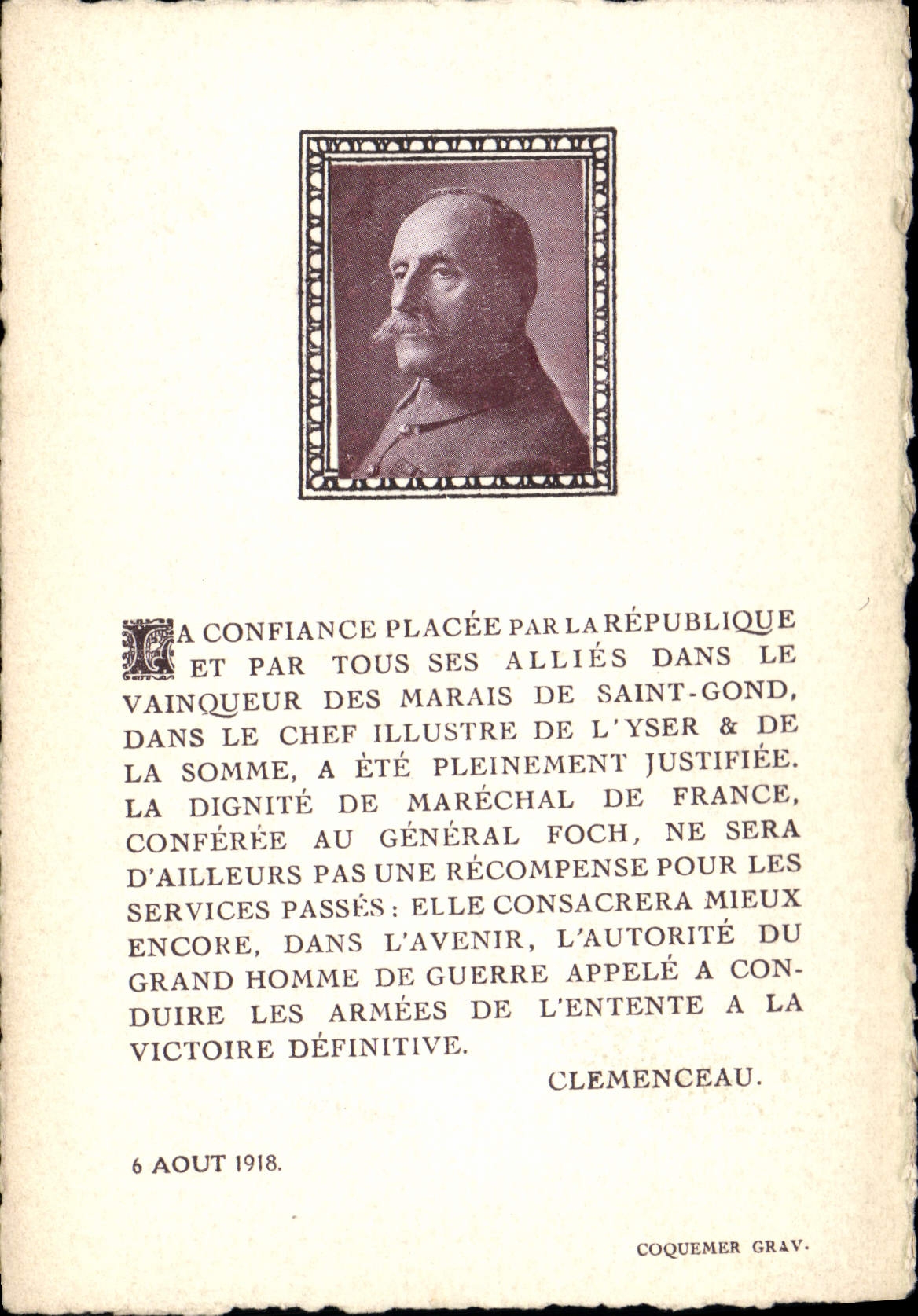 Général Foch — Vainqueur des marais de Saint-Gond et de la Somme — Éditeur Coquemer Grav.