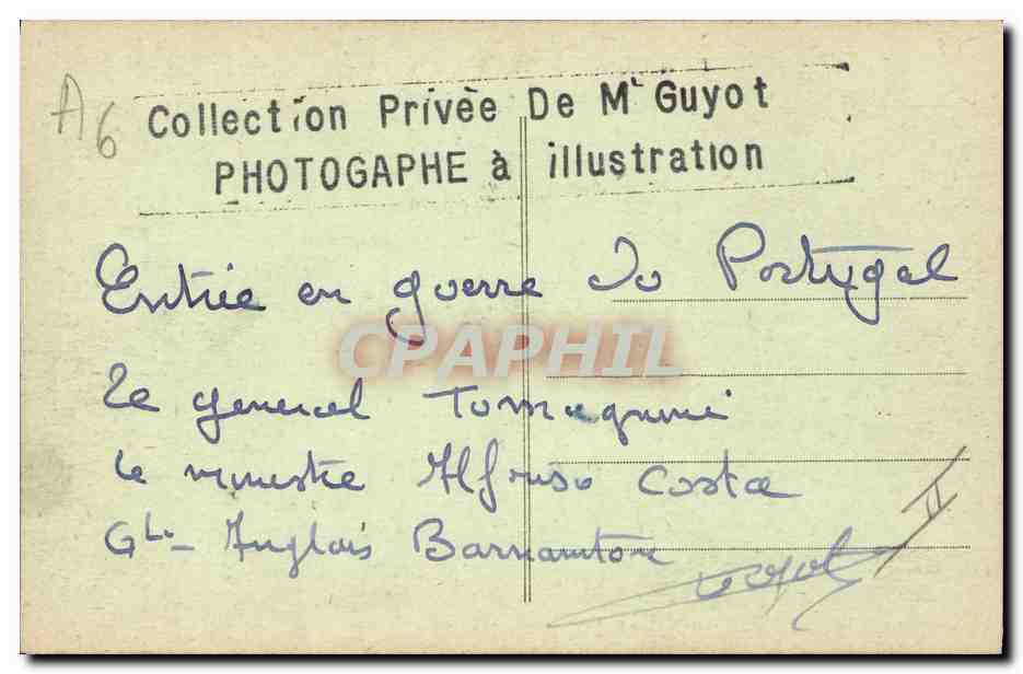 CPA Militaria Entree en guerre du Portugal Le general Tomagnani Alfonso Cosdta  — Verso