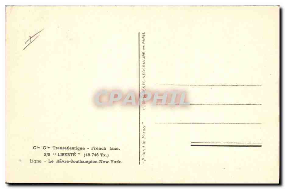 S/S LIBERTÉ — French Line — Ligne Le Havre-Southampton-New York — Verso