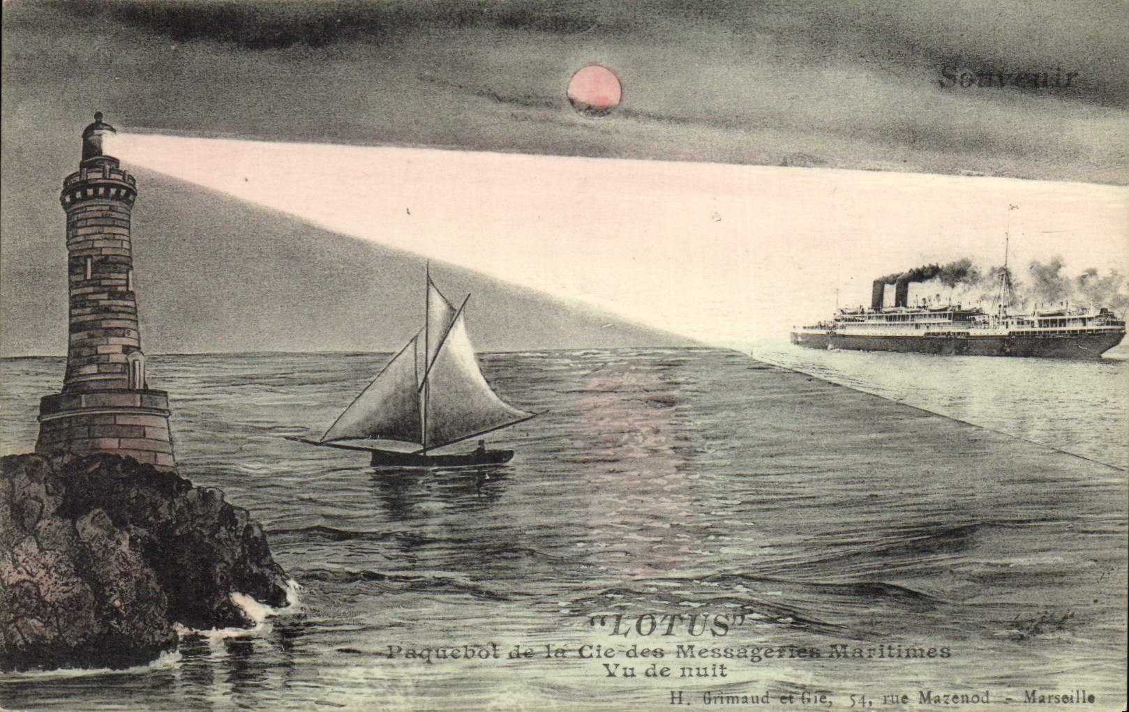 Phare et paquebot "LOTUS" — vue de nuit — H. Grimaud et Cie, 54 rue Mazenod - Marseille
