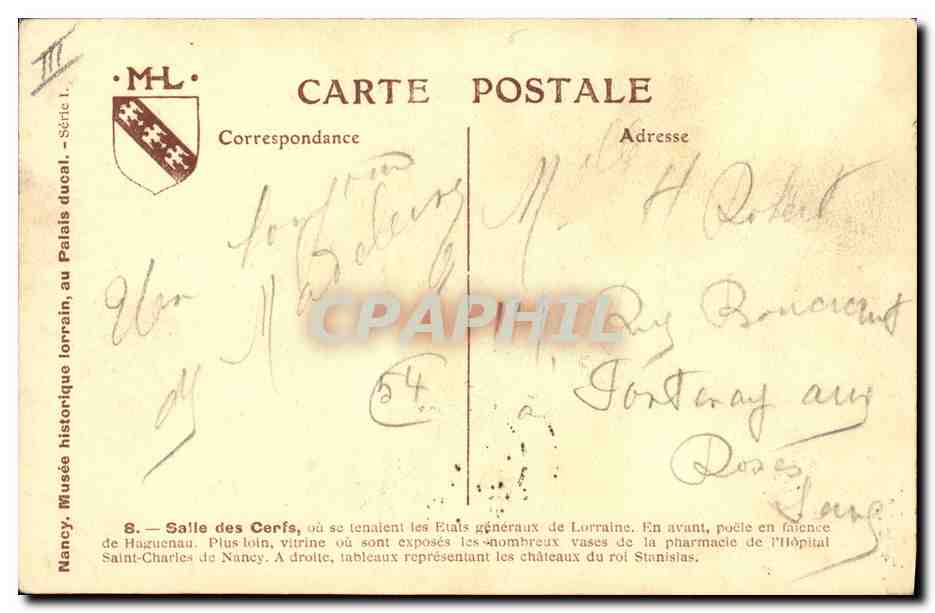 Salle des Cerfs — Musée historique lorrain, au Palais de Haguenau — Série I, n°8 — Verso