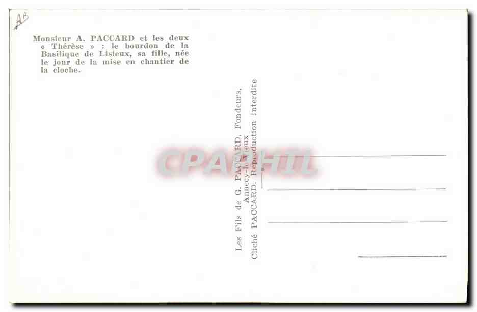 Monsieur A. Paccard et les deux « Thérèse » — le bourdon de la Basilique de Lisieux, sa fille, née le jour de la mise en chantier de la cloche — Les Fils de G. Paccard, Annecey-lès-Éaux — Verso