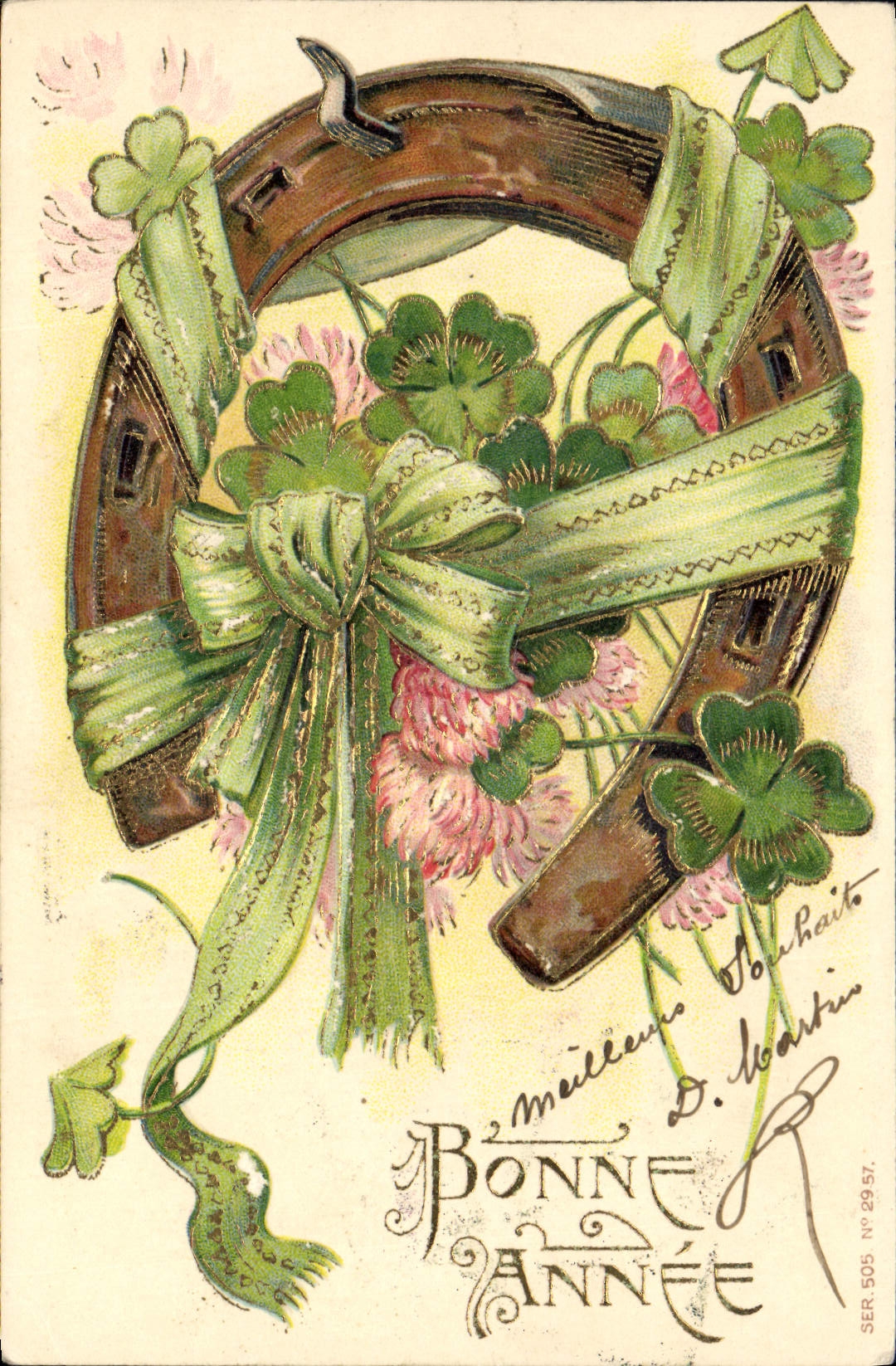 CPA Fantaisie Fleurs Fer A cheval Trefles