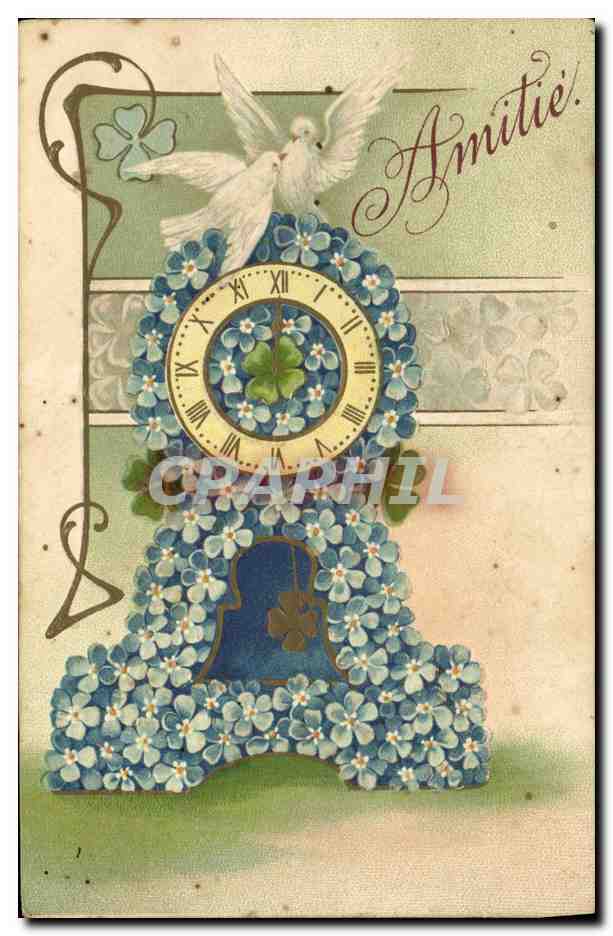 CPA Fantaisie Fleurs Colombes Horloge Trefles