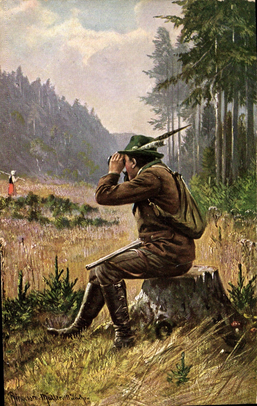 Chasseur en forêt — observateur avec jumelles — dessin de Wilhelm Moller-Müller