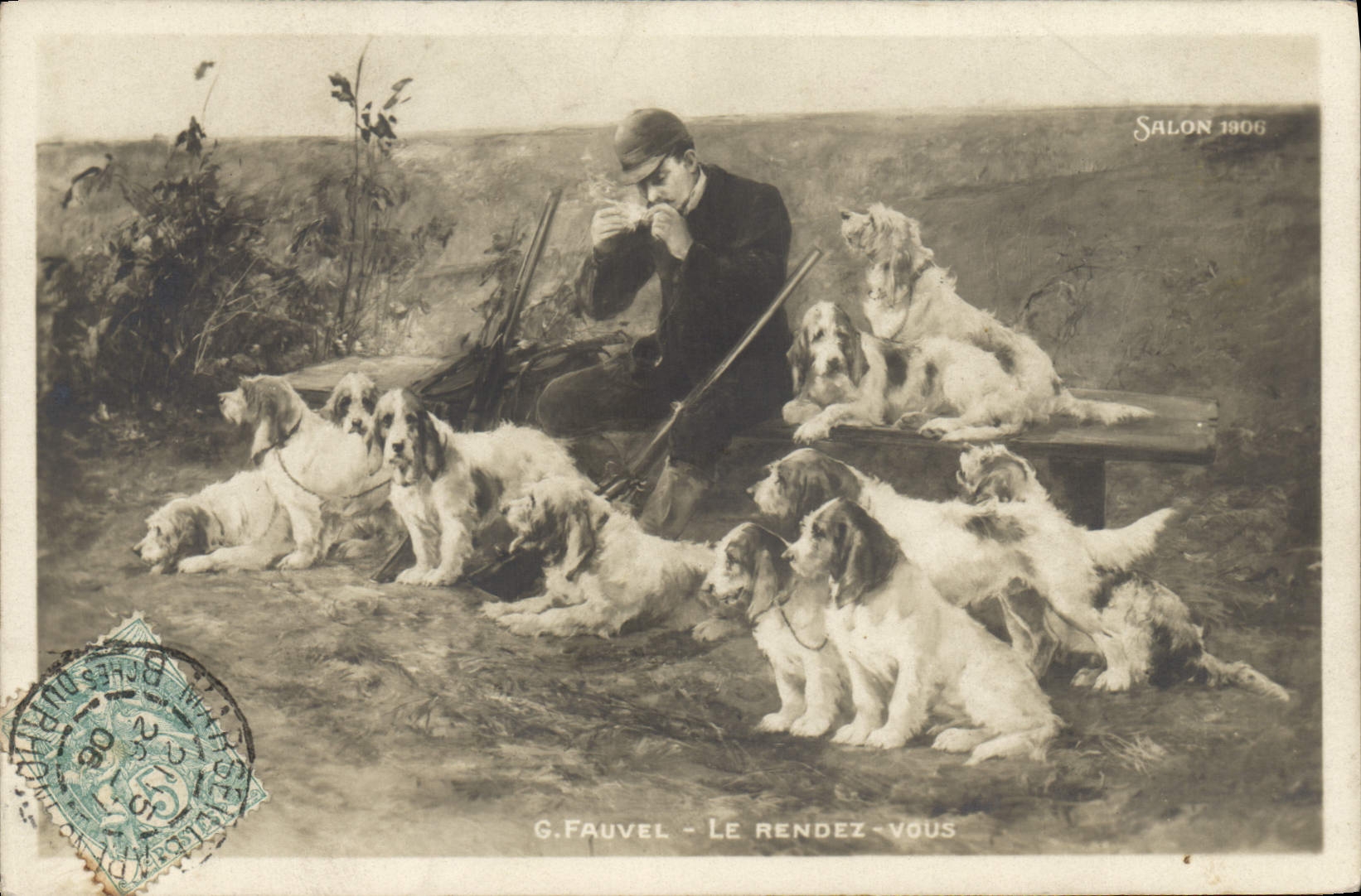 Chasseur et chiens — Le rendez-vous — G. Fauvel, Salon 1906