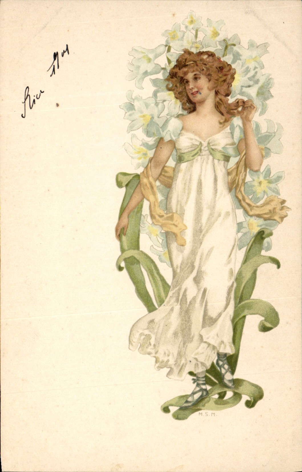Femme entourée de narcisses — illustration signée M.S.M. — éditeur inconnu