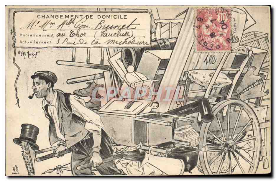 CPA Fantaisie Illustrateur Changement de domicile Leon Brunet Thor Vaucluse Rue de la Michodiere Henry Morin Demenagement