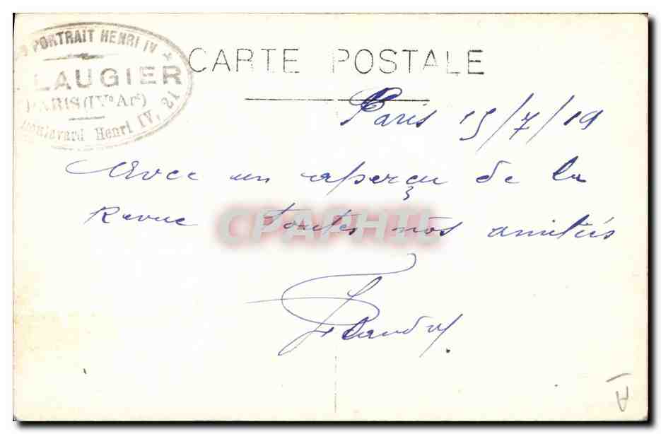 Général de Castelnau — Parade militaire à cheval — Éditeur Laugier, Paris — Verso