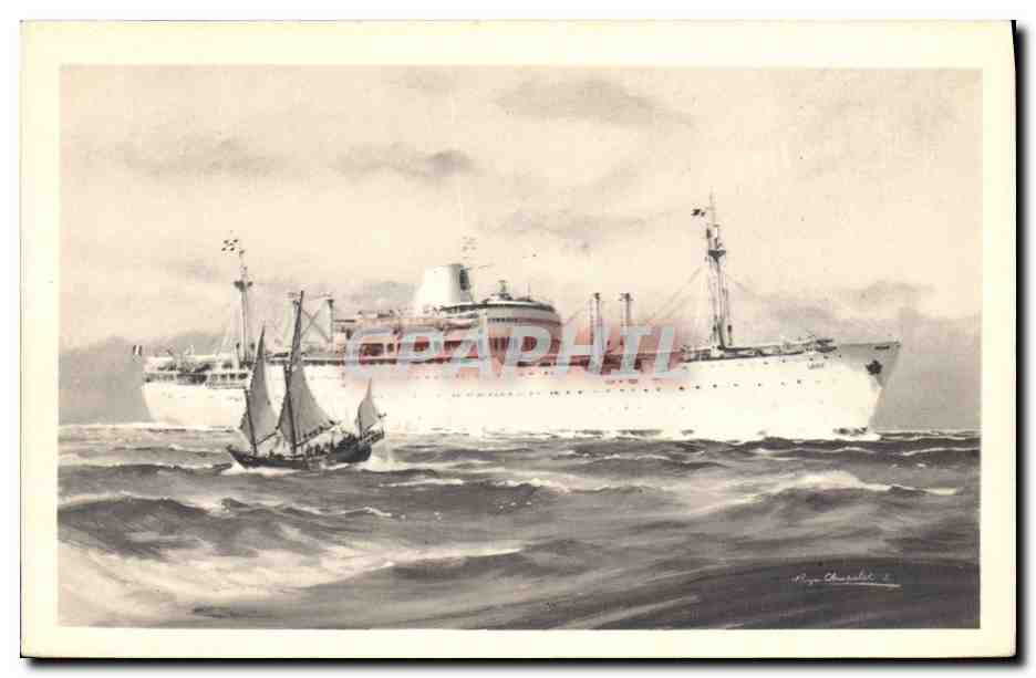 Cruise Ship and Sailboat at Sea — Illustration by A. Churchill — Alépée et Cie, Paris