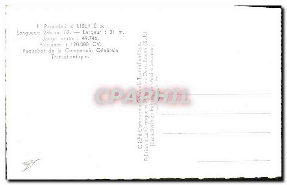 CPM Bateau Paquebot de la Compagnie Generale Transatlantique Liberte  — Verso
