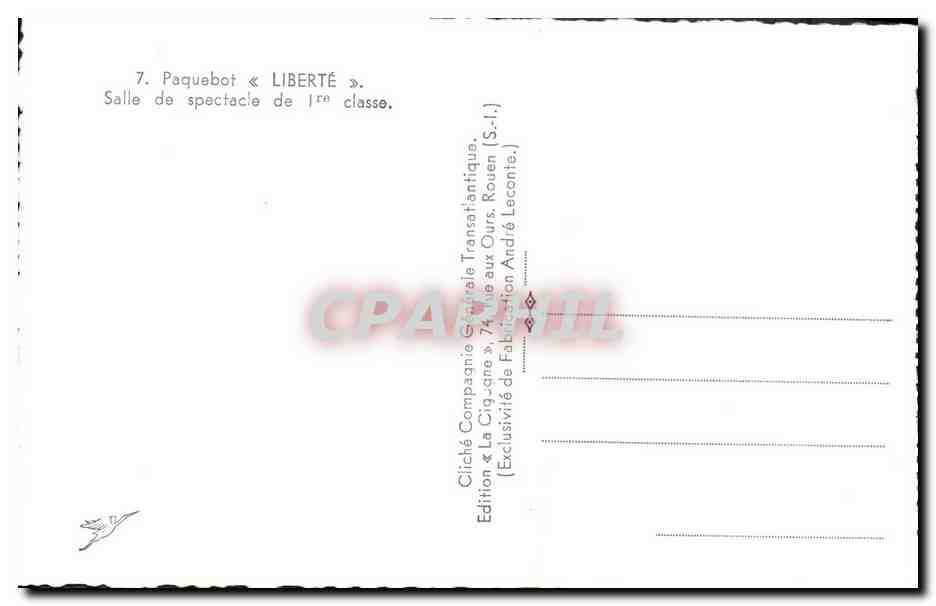 Salle de spectacle de 1re classe — Paquebot « LIBERTÉ » — Édition La Crique (S.-I.) — Verso