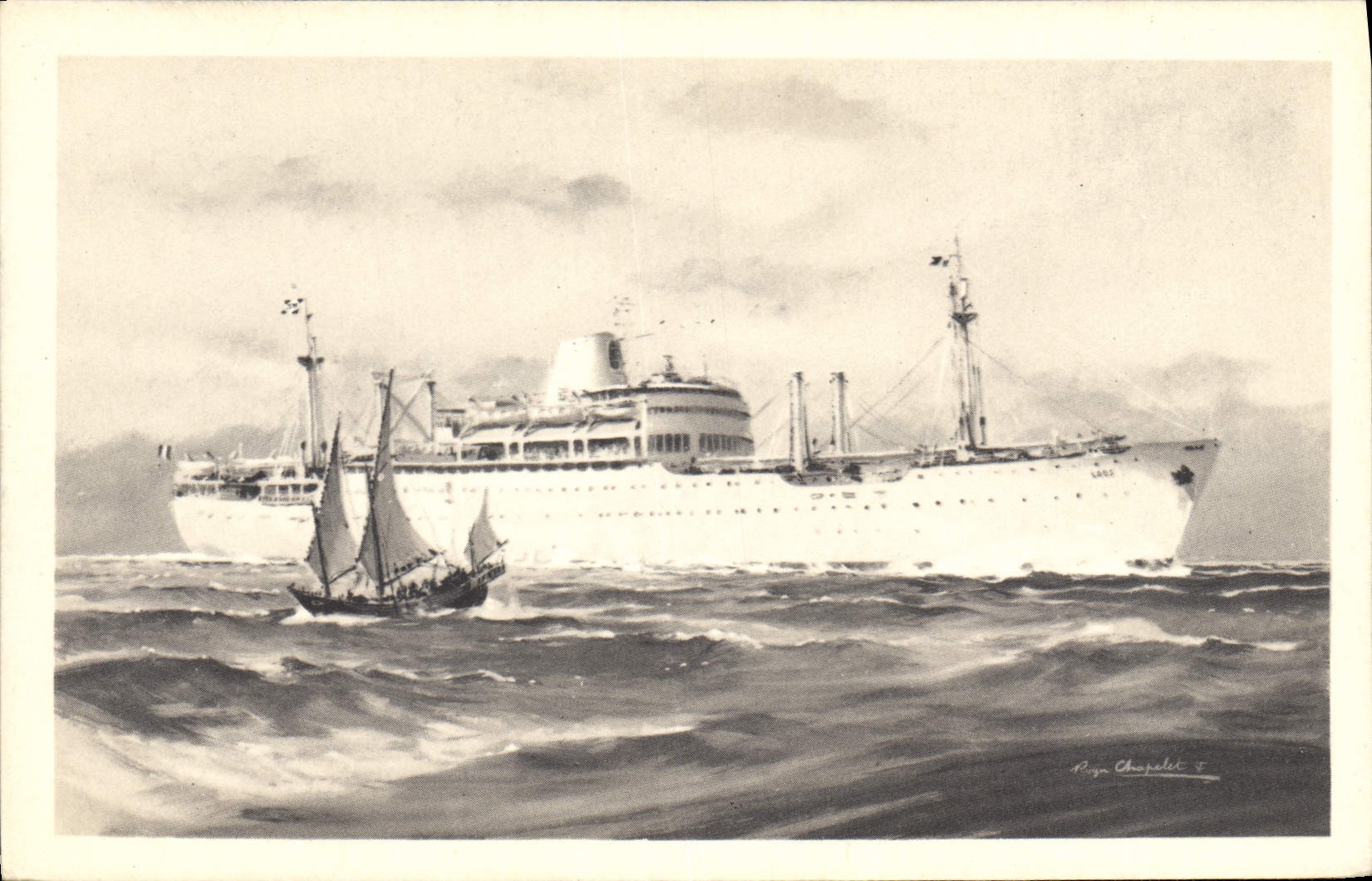 Cruiser et voilier en mer — dessin de Riga Chapelet — Compagnie des Messageries Maritimes « LAOS »