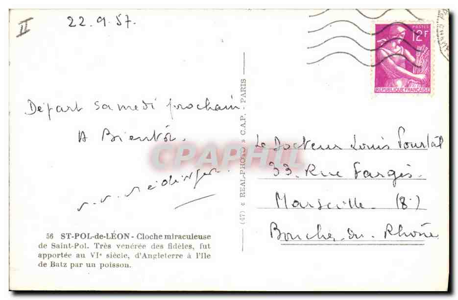 CPA Cloche St Pol de Leon Cloche miraculeuse de Saint Pol Ile de Batz — Rückseite