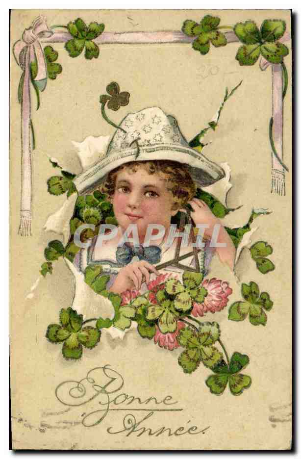 Enfant dans un cadre de trèfles — Bonne Année — éditeur Brillant, n° 5774