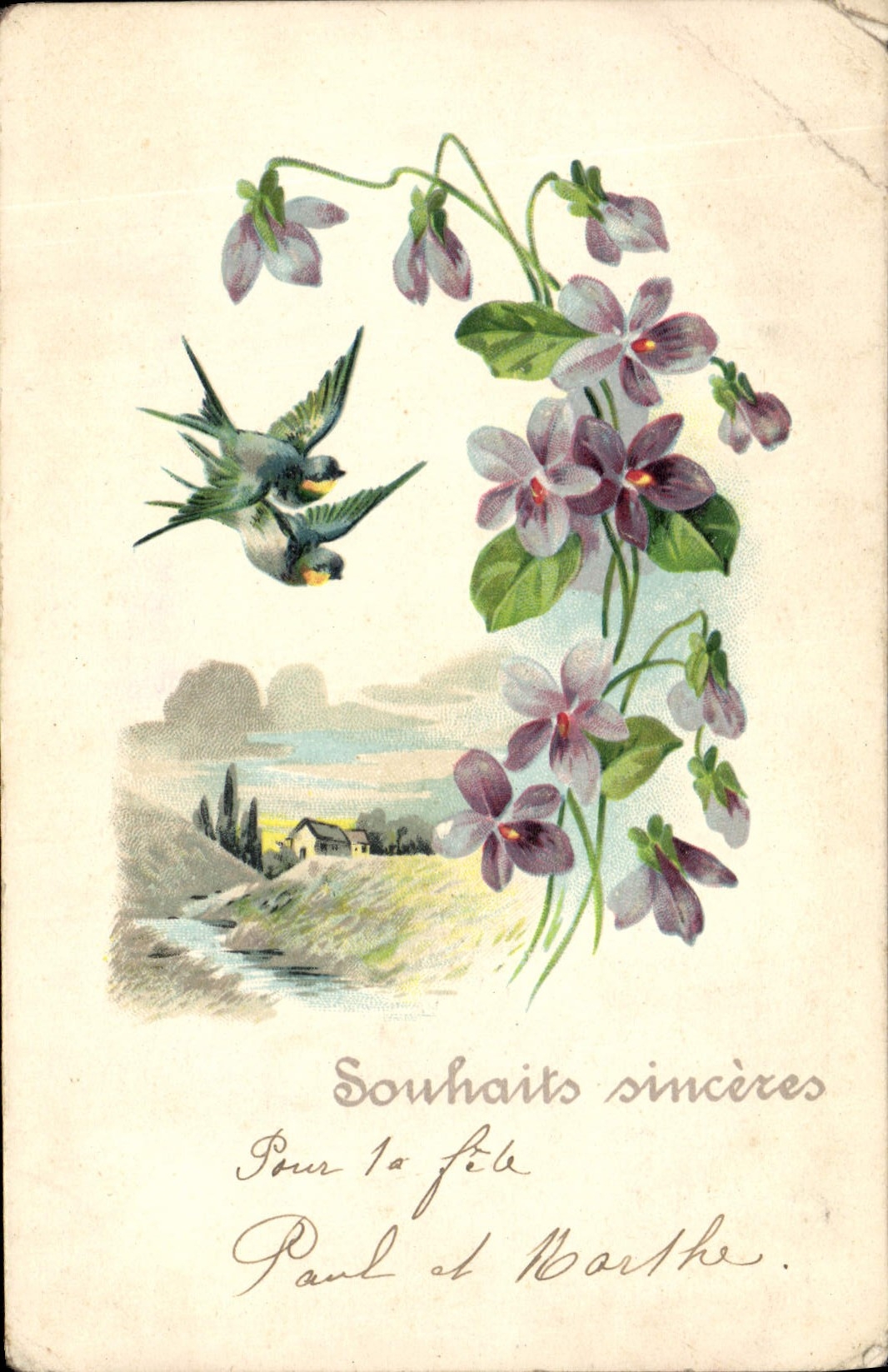 CPA Fantaisie Fleurs Hirondelles 