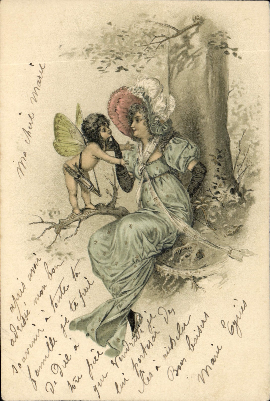 Cupidon et une femme — scène de forêt — éditeur non visible