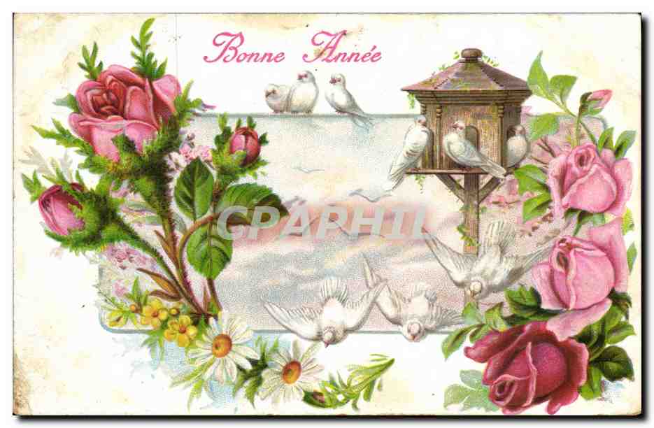 Bonne Année — colombes et roses — éditeur non visible