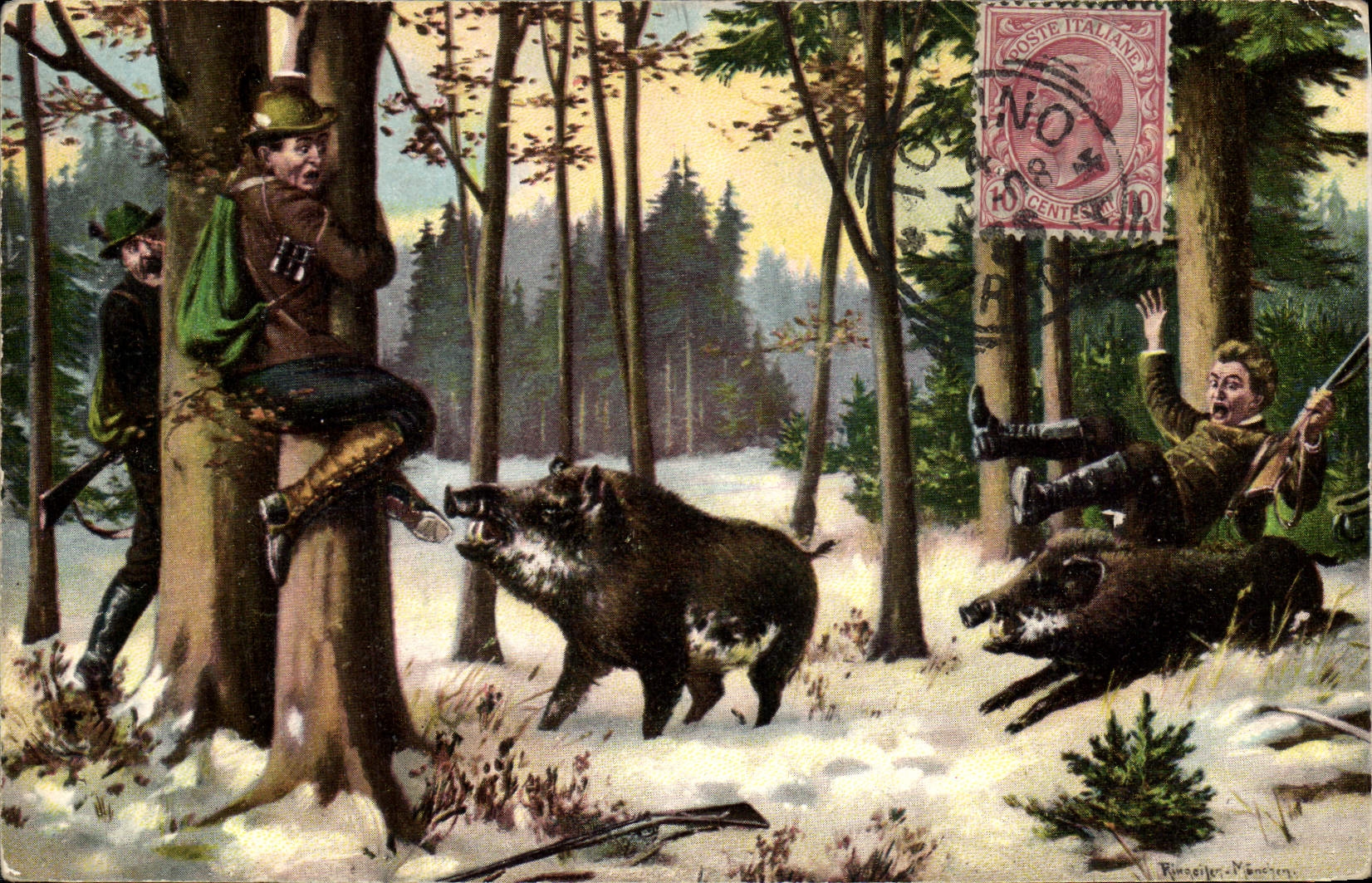 Chasseurs en forêt enneigée — deux sangliers — éditeur Rinsgeier-Mönster, série 1059/4