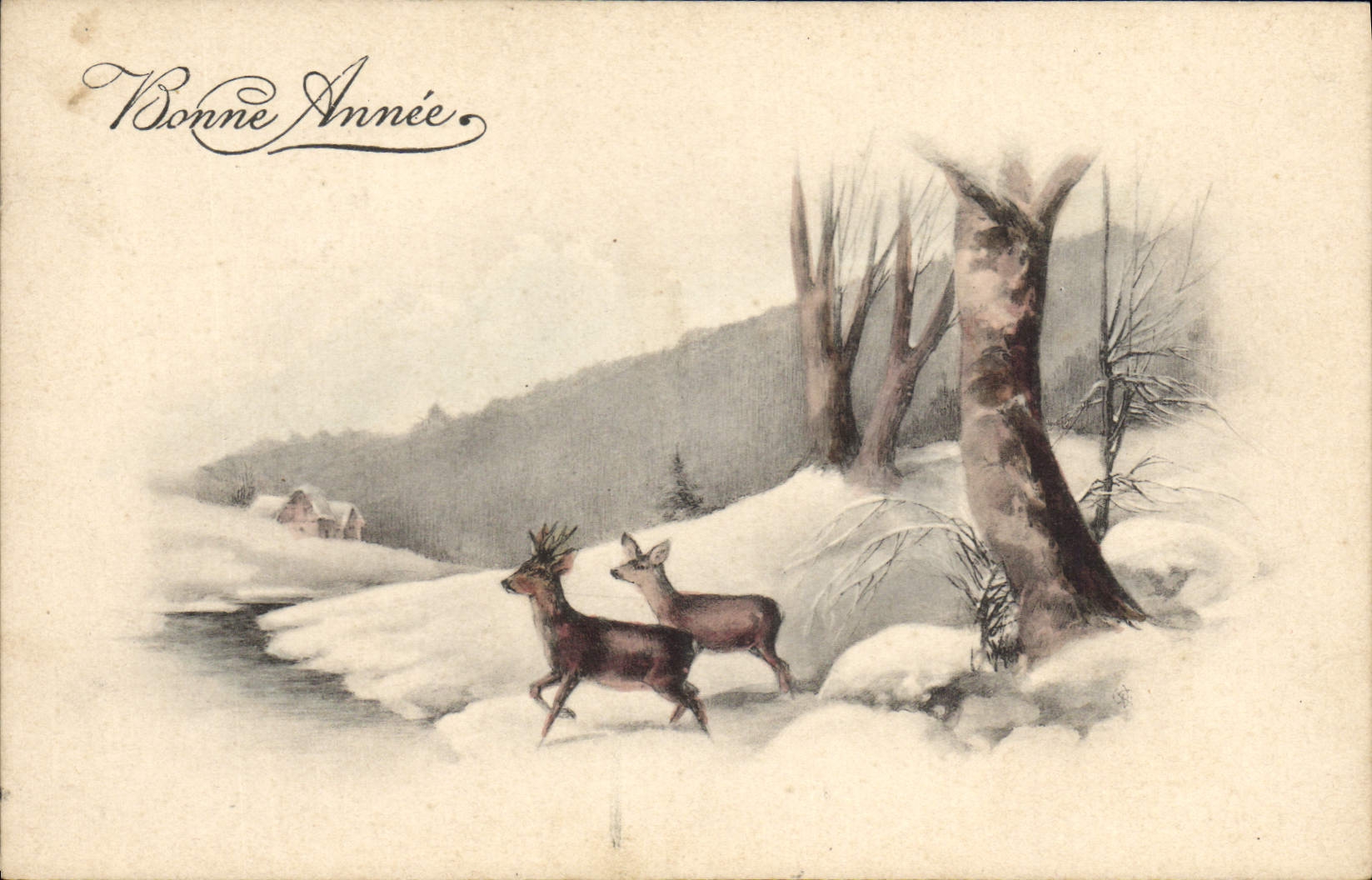 Deux cerfs dans un paysage hivernal — Bonne Année — HHIW Nr. 822