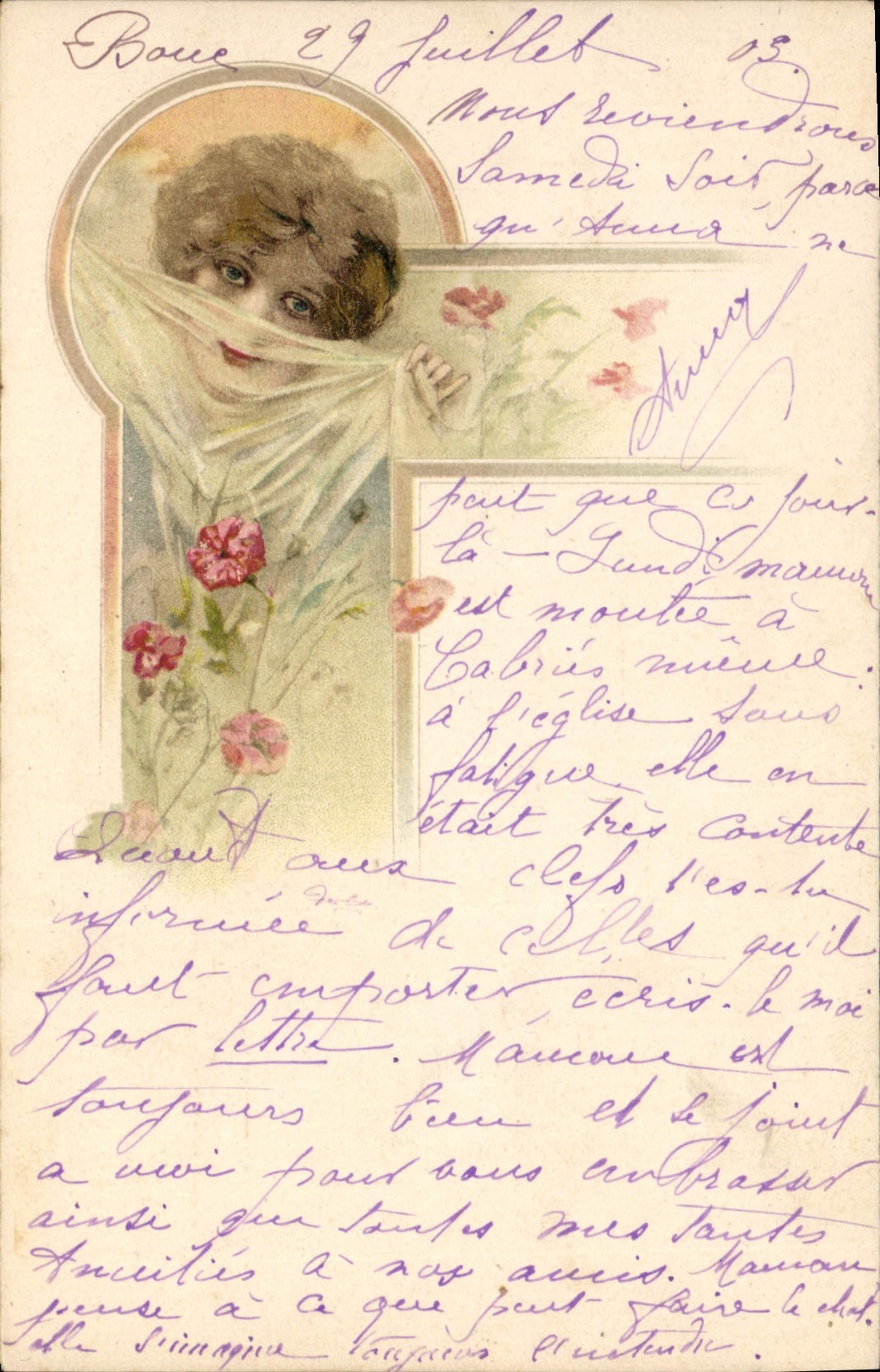 Femme voilée — illustration avec roses — éditeur inconnu, n° de série non visible