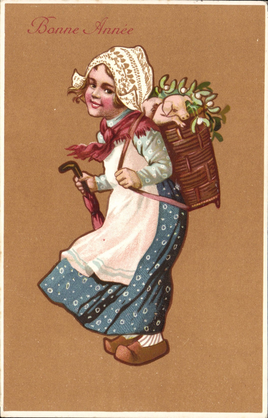Fille portant un panier de branches d'olivier — Bonne Année — H. Christ, Vienne, Nr 207