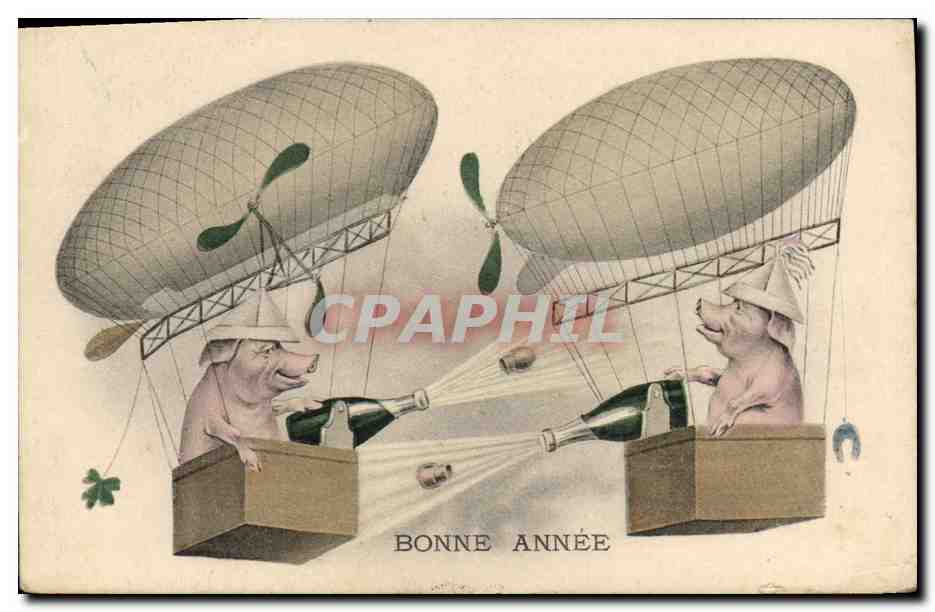 CPA Fantaisie Illustrateur Cochon Porc Dirigeable Zeppelin