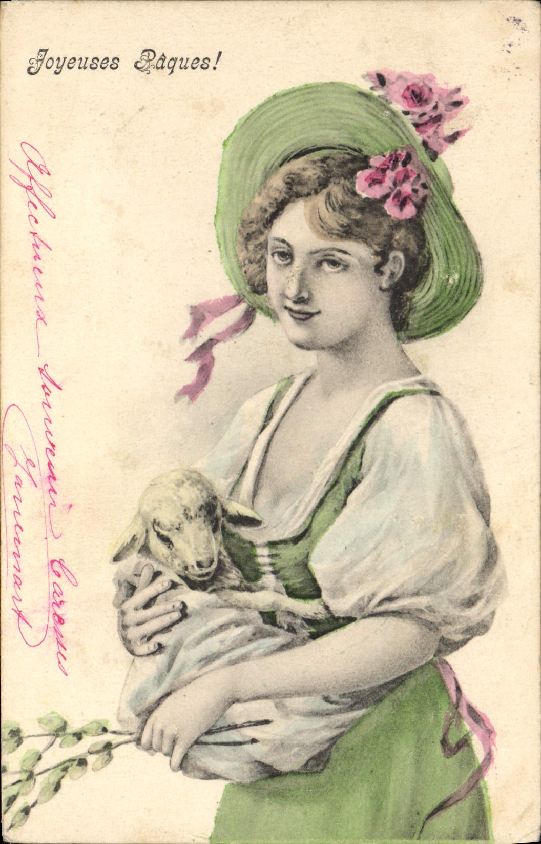 CPA Fantaisie Illustrateur Femme Mouton Paques