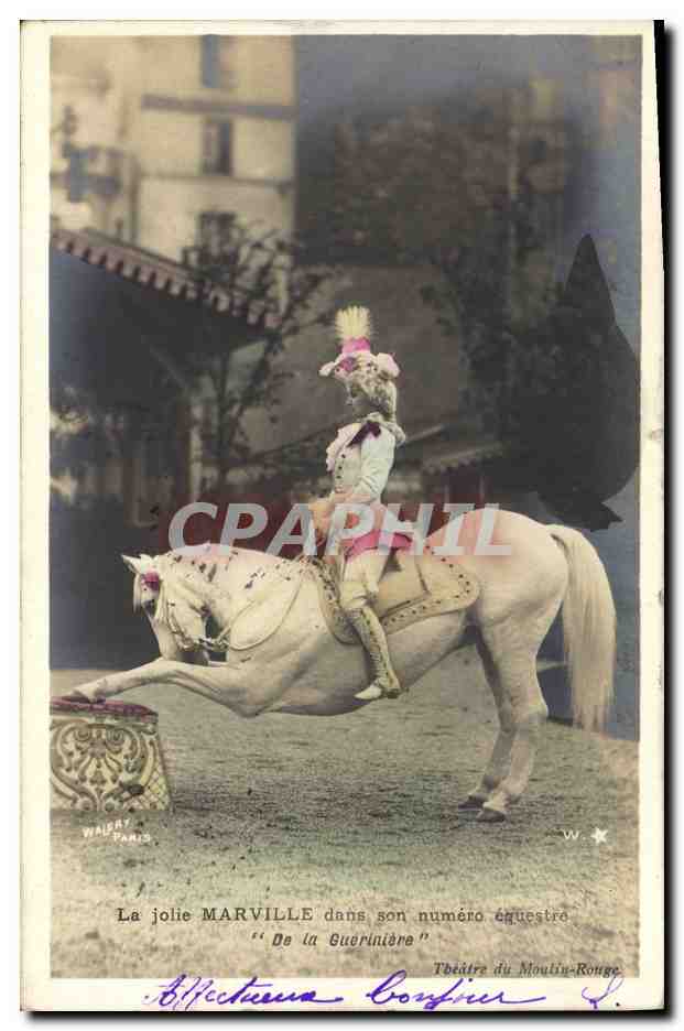 La jolie MARVILLE dans son numéro équestre "De la Guerinière" — Théâtre du Moulin-Rouge — éditeur Viala, Paris