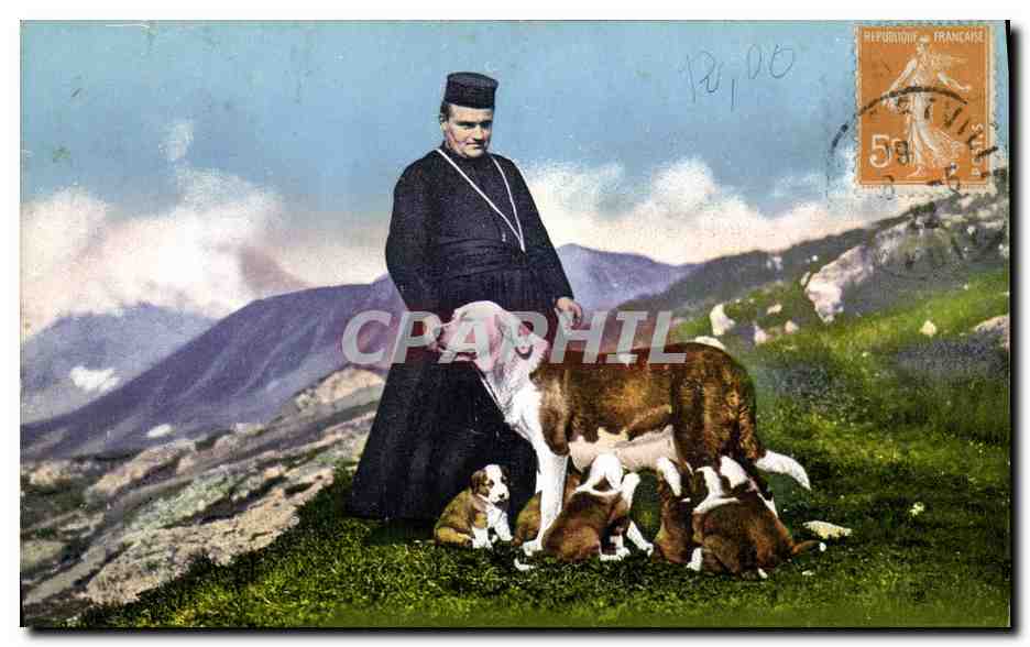 Paysage montagneux — Un religieux avec un chien adulte et ses chiots — Juillien frères, Phot. Editeurs, Genève