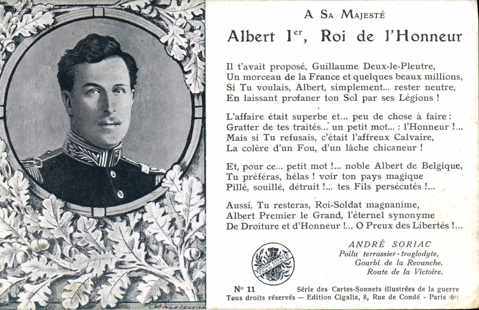 Portrait d'Albert Ier — Roi de l'Honneur — Édition Cigalia, N° 11
