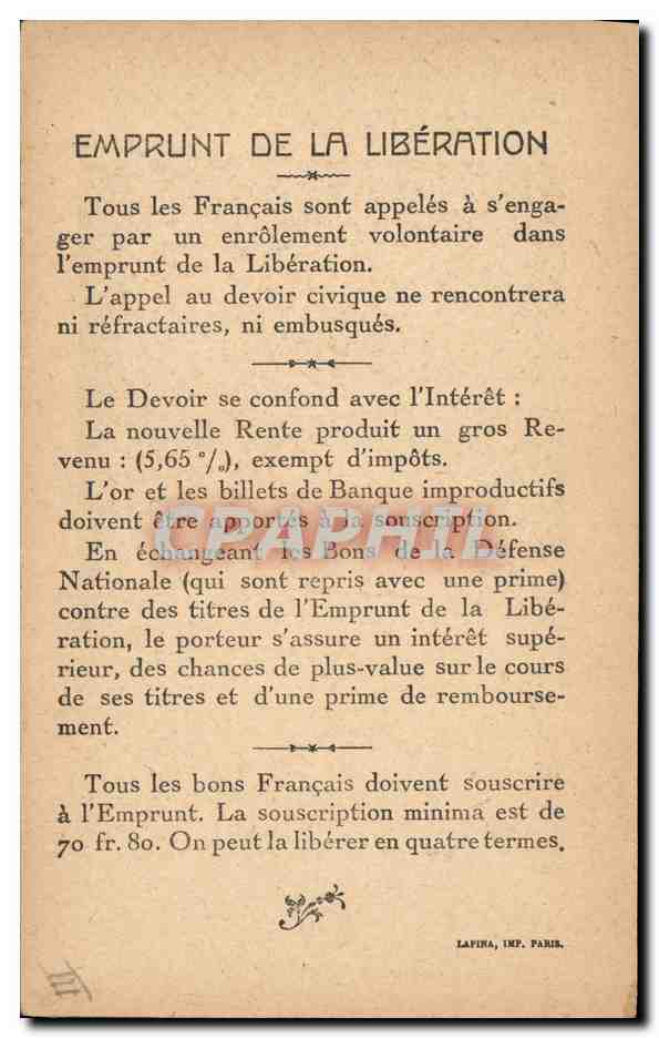 CPA Militaria Emprunt de la Liberation Vainqueurs de la Marne General Dubail Medaille  — Verso