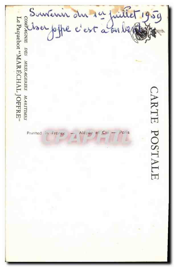 Paquebot "Maréchal Joffre" — Compagnie des Métagénies Maritimes — éditeur Alépée et Cie, Paris — Reverso