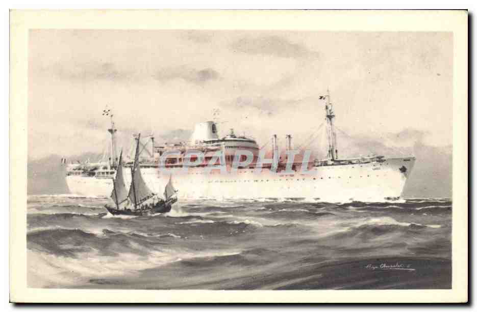 Cruiser et voilier en mer — Compagnie des Messageries Maritimes "Laos" — Alépée et Cie, Paris