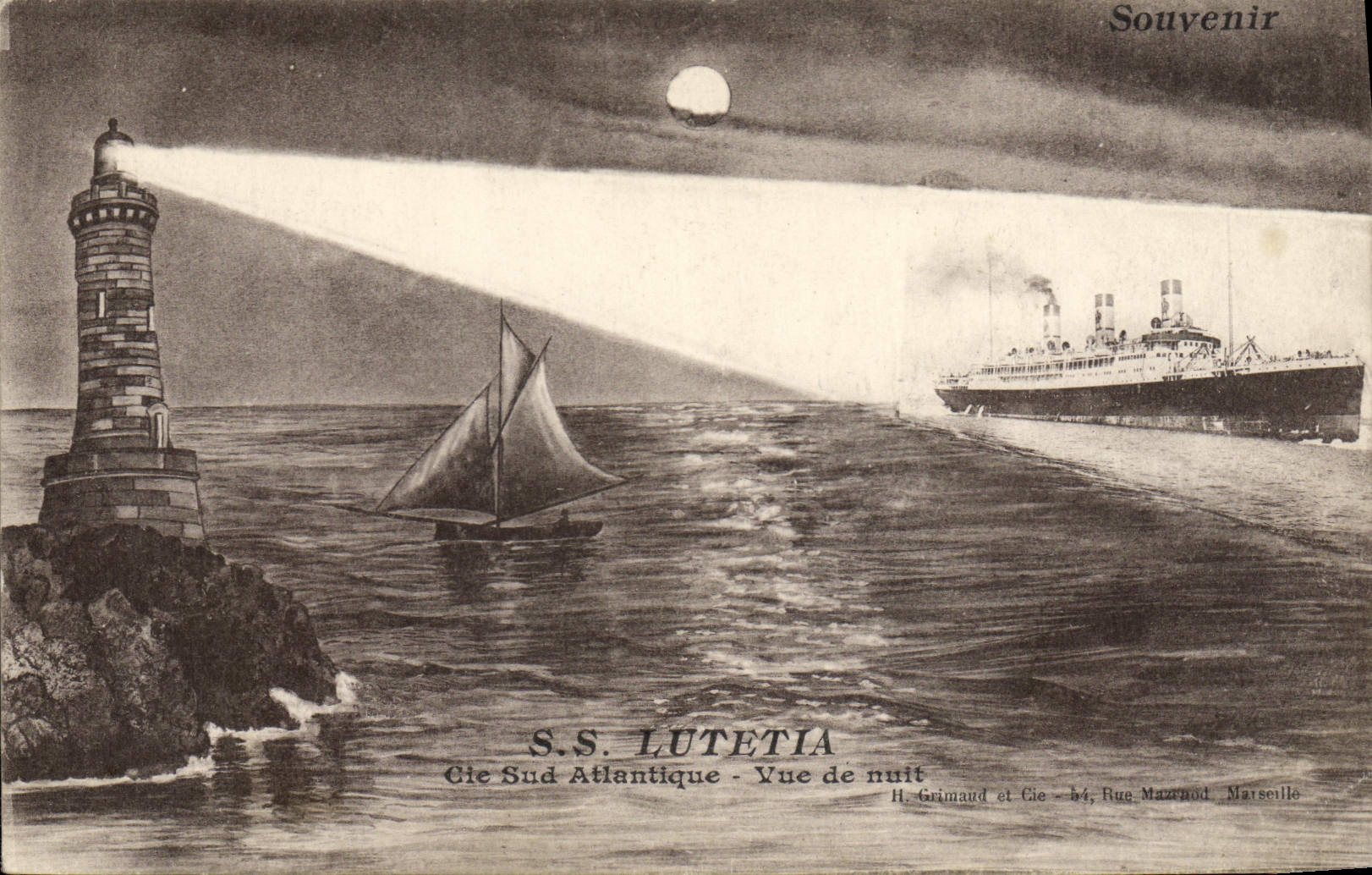 S.S. LUTETIA — Vue de nuit — H. Grimaud et Cie, 64, Rue Mazenod, Marseille