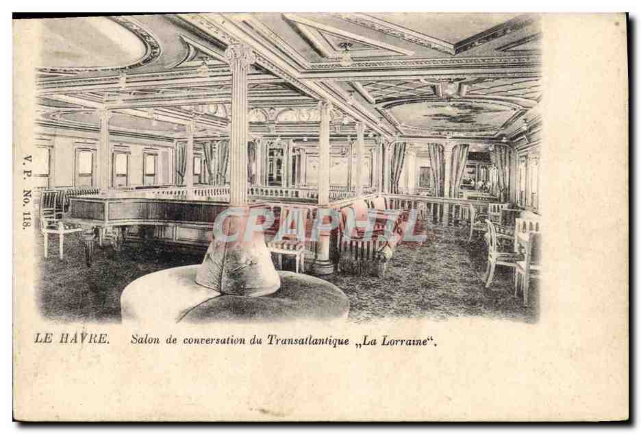 CPA Bateau Le Havre Salon de conversation du Transatlantique La Lorraine 
