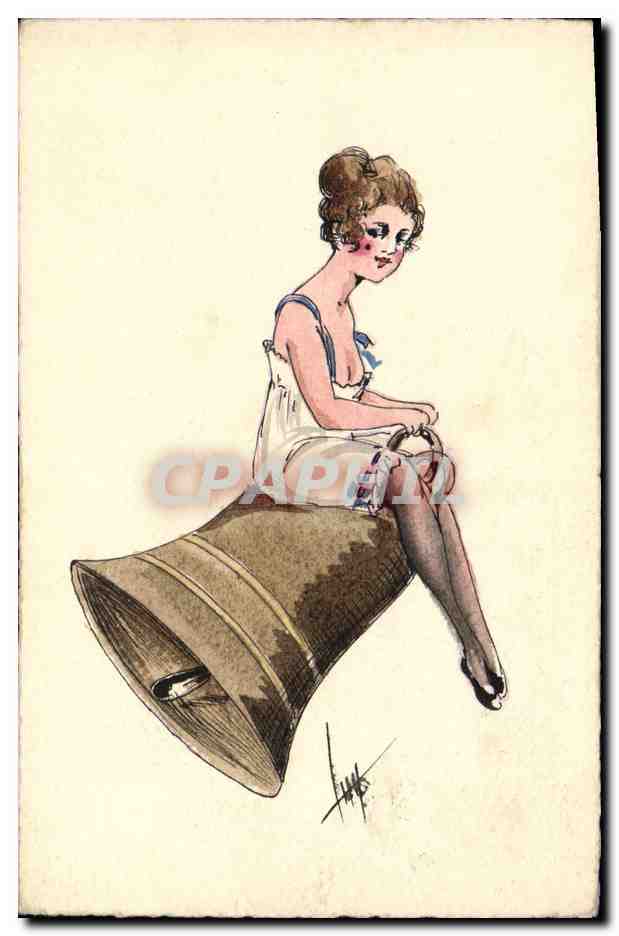 Jeune femme assise sur une cloche — illustration — éditeur inconnu, n° de série non visible