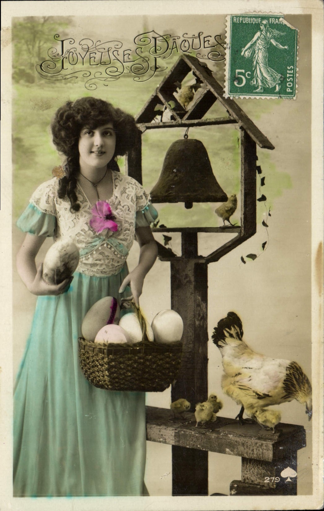 Young Woman with Egg Basket and Chickens — Publisher Joyeuse Daques, No. 279