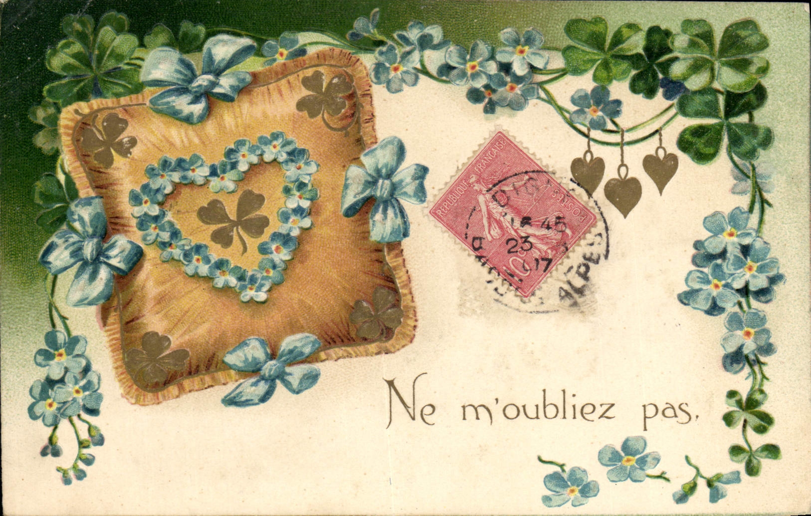 Carte postale décorative — trèfles et pensées — éditeur non visible