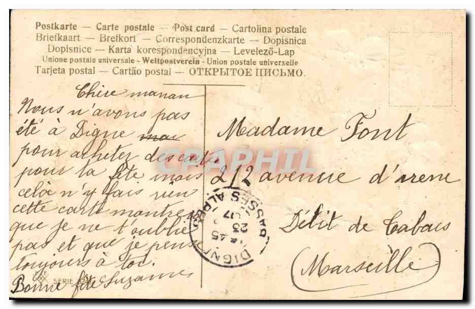 Carte postale décorative — trèfles et pensées — éditeur non visible — Verso