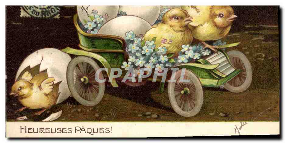 CPA Fantaisie Fleurs Poussins Automobile 