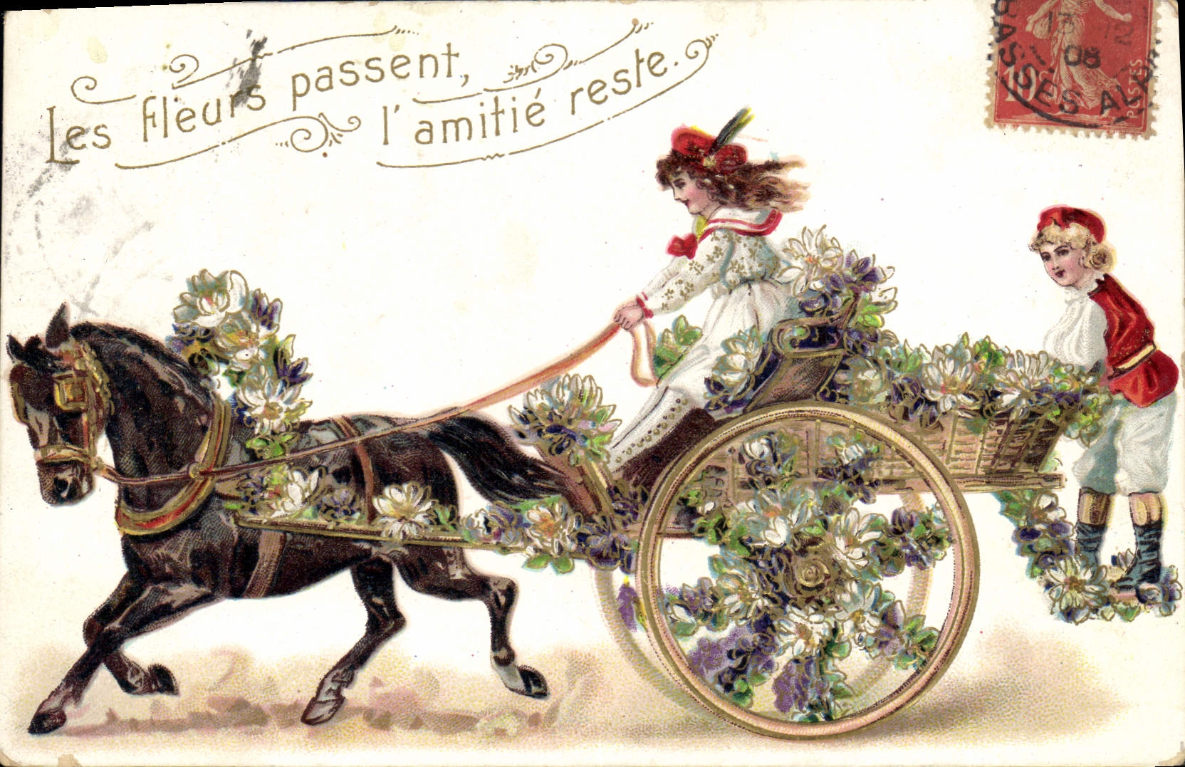 CPA Fantaisie Fleurs Enfants Caleche Cheval 