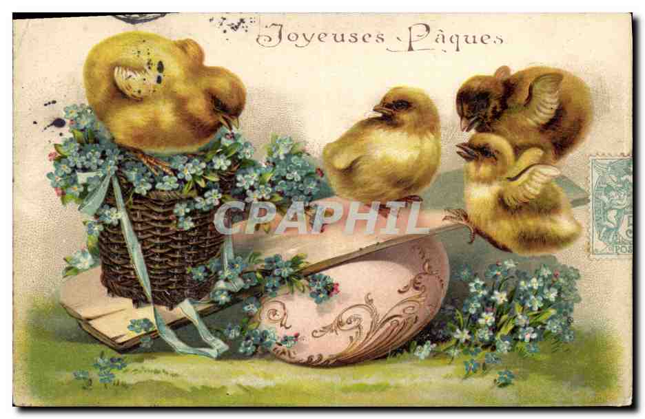 CPA Fantaisie Fleurs Poussins Oeuf Paques 