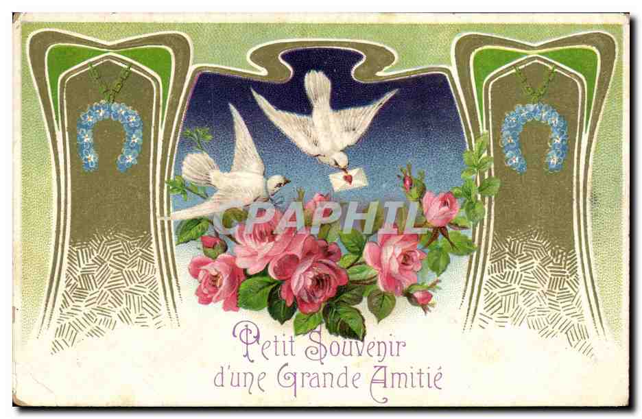 CPA Fantaisie Fleurs Colombes Fer a cheval 