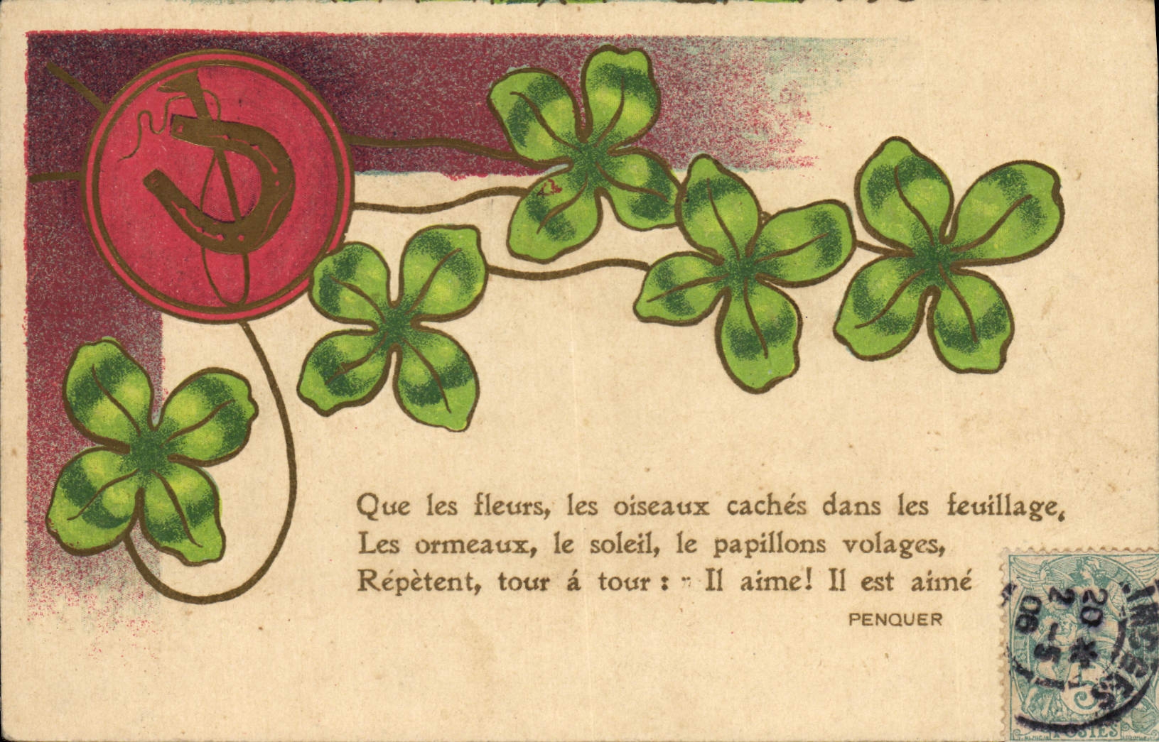 CPA Fantaisie Fleurs Trefles Fer a cheval 