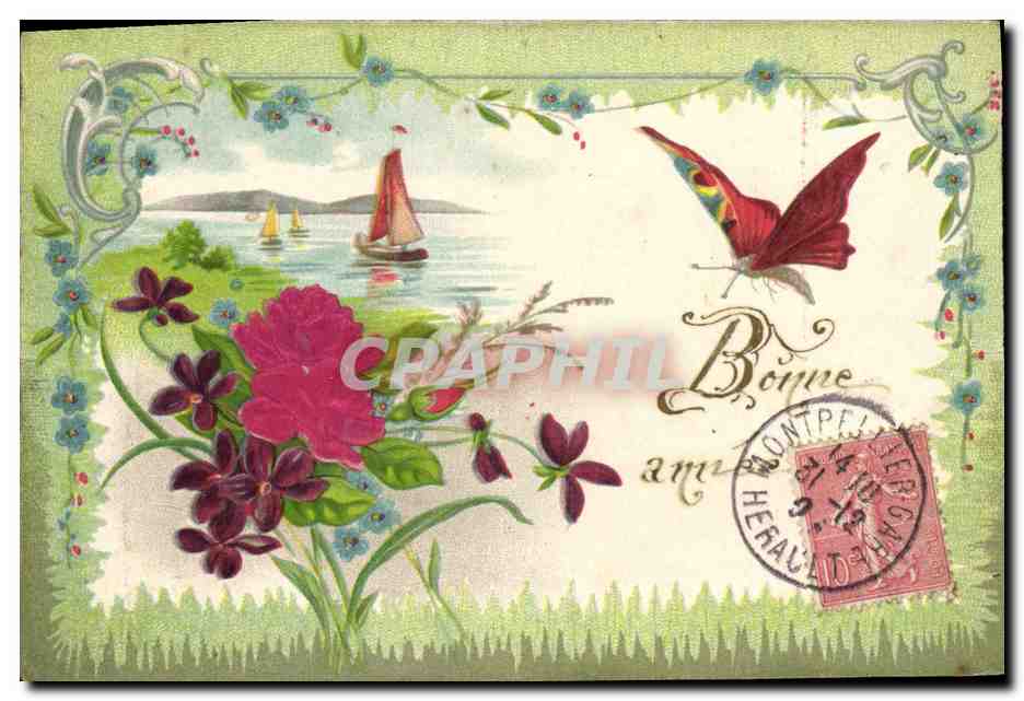 CPA Fantaisie Fleurs Papillon Bateau 